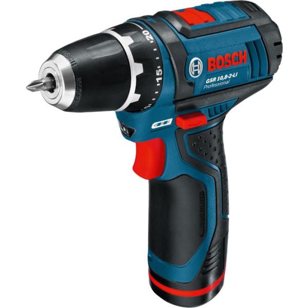 Borskrutrekker Bosch GSR 12V-15 med veske, 2,0 Ah batterier og lader